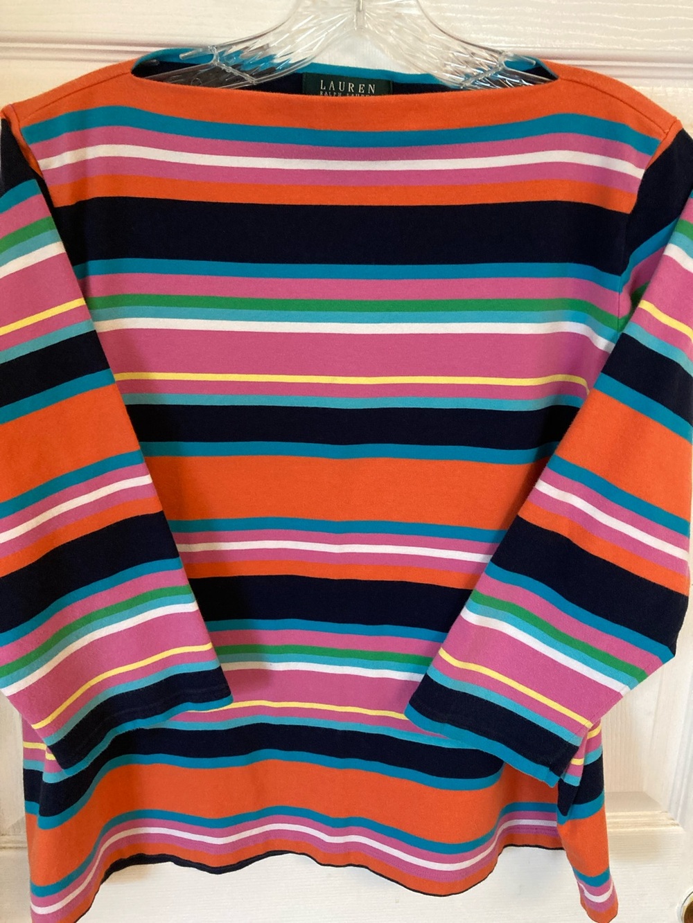 Lauren Ralph Lauren Orange, Navy & Pink Striped Boatneck Top